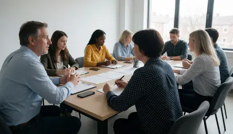 Diverse human resources professionals collaborating and taking notes during a strategic meeting at a modern office table.