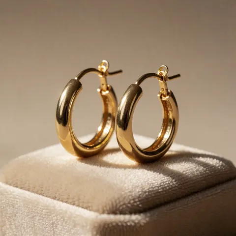 Pair of shiny gold earrings displayed on a beige velvet cushion with warm lighting and a neutral background