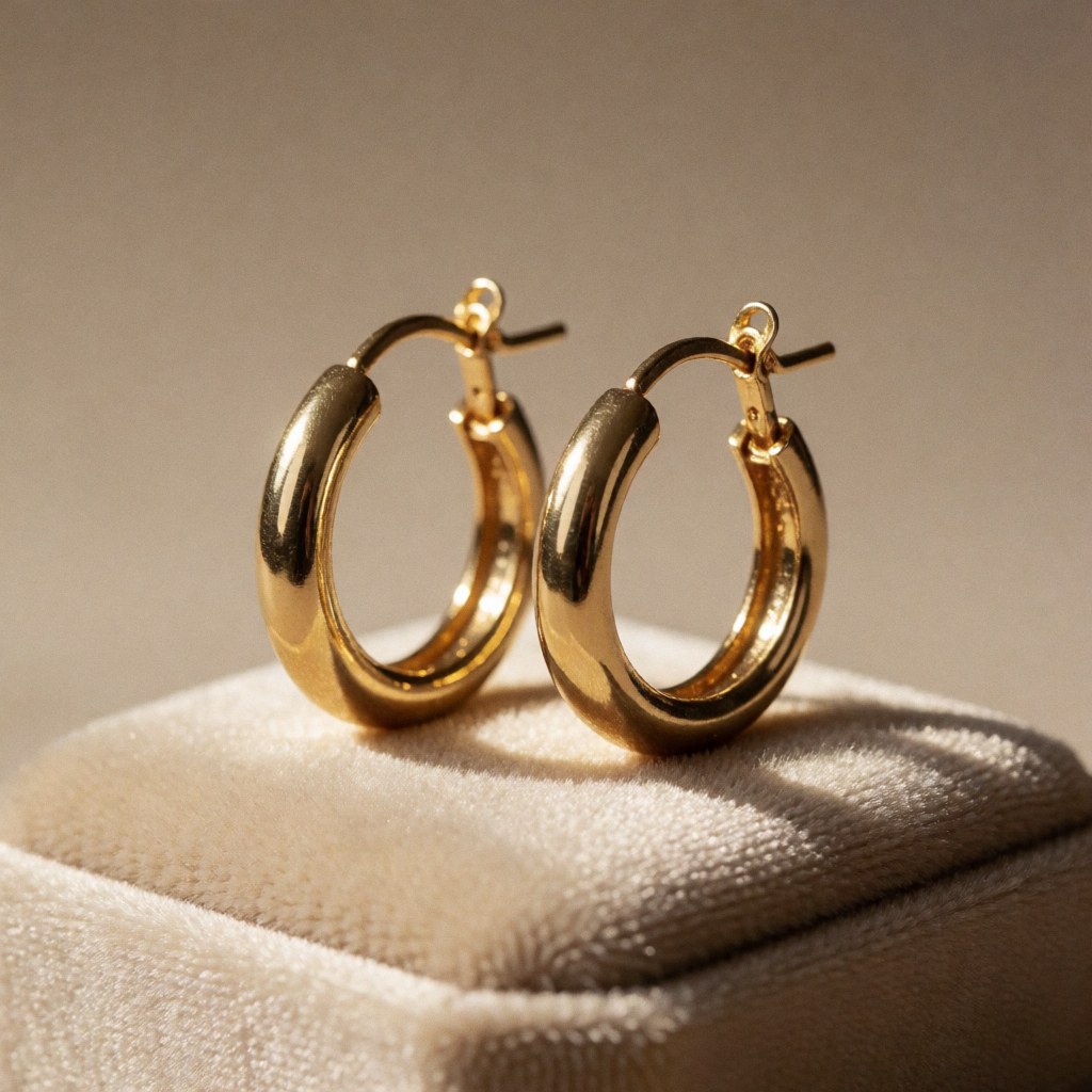 Pair of shiny gold earrings displayed on a beige velvet cushion with warm lighting and a neutral background