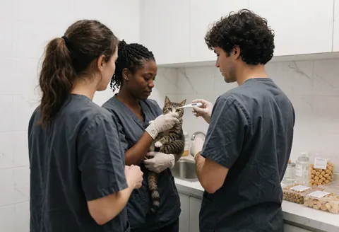 Three veterinarians in a clinic measure a cat's temperature with a digital thermometer.