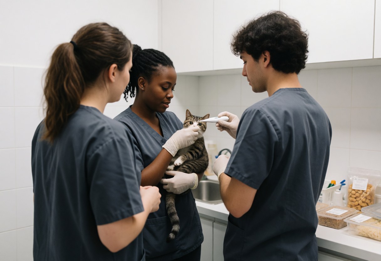 A veterinary technician measures a cat's temperature in a clinic with a client and medical equipment visible