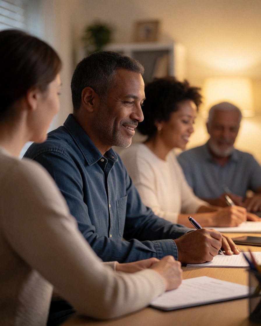 Smiling group of adults working together at a table, reviewing documents in a warm and professional office setting.