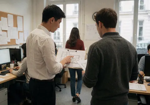 Two men in an office review architectural blueprints while another person walks in the background.