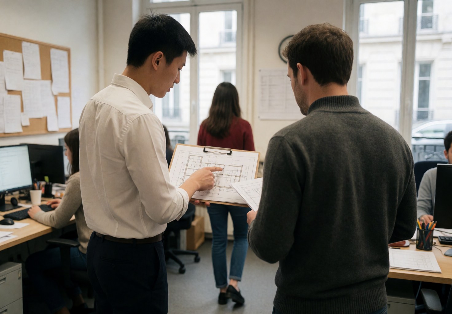 An advisor and client review architectural blueprints in a bright office while other employees work at desks in the background.