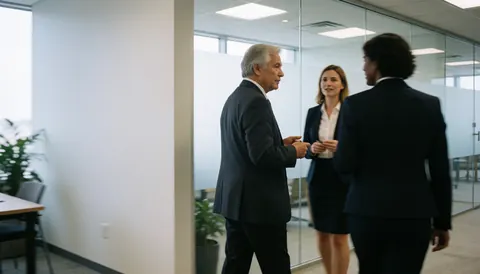 Three lawyers in suits talk in a glass-walled office corridor with natural light. The left side offers ample space for text overlay.
