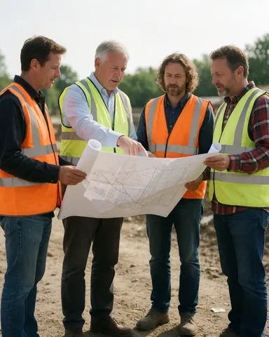 Four men in safety vests review architectural plans outdoors at a construction site with dirt and trees in the background.