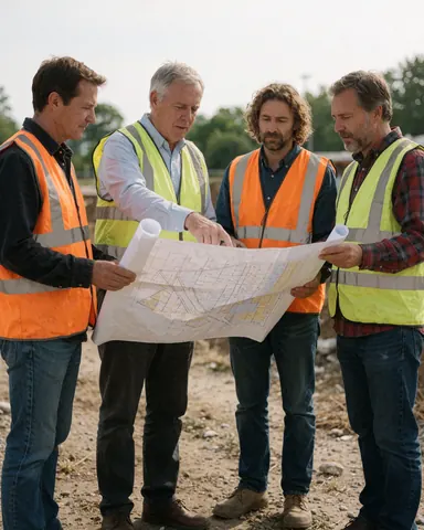 Four men in safety vests review a blueprint at an outdoor construction site.