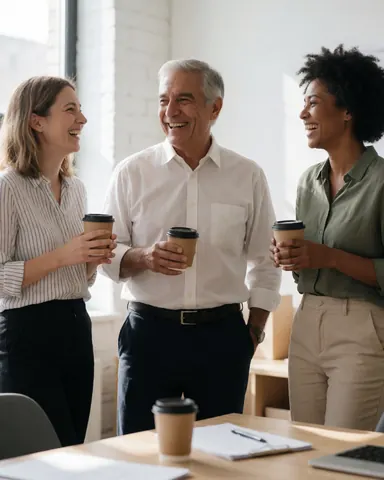 Three smiling adults holding coffee cups in a relaxed professional office setting with one older man and two women
