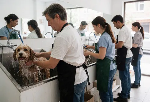 A groomer washes a dog in a sink while other staff members attend to dogs in the dog grooming salon.