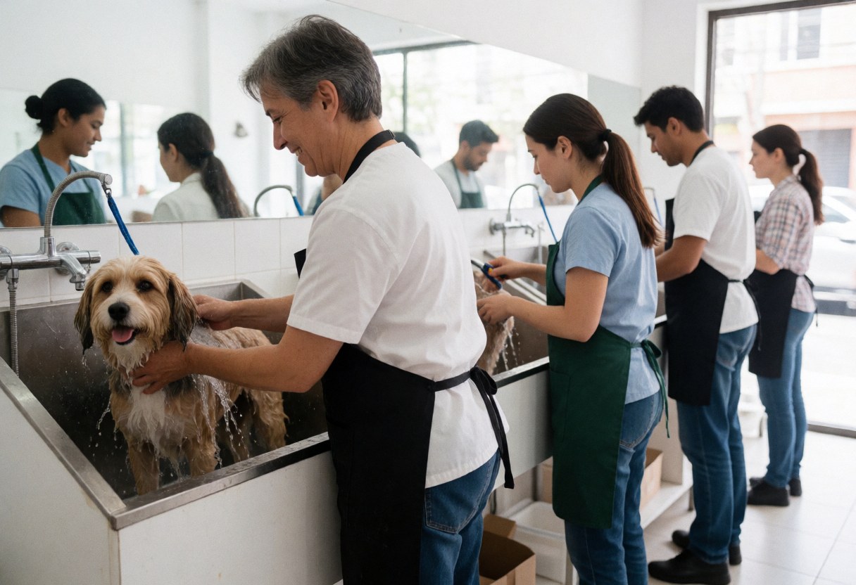 A groomer washes a dog in a clean salon with water splashing and staff working in the background