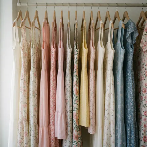 Summer dresses with floral patterns and pastel colors hanging on white background for clothing store product display