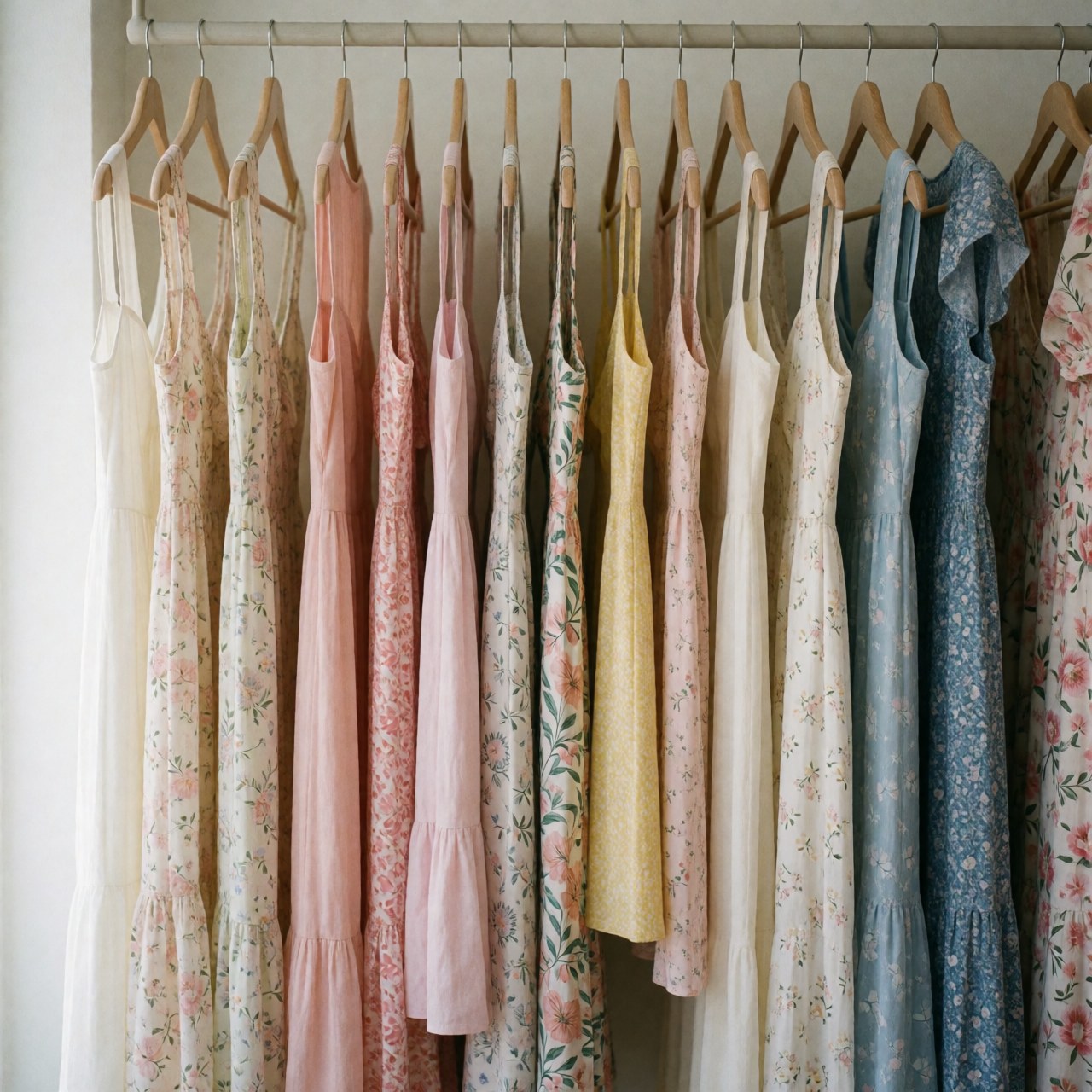 Summer dresses with floral patterns and pastel colors hanging on white background for clothing store product display