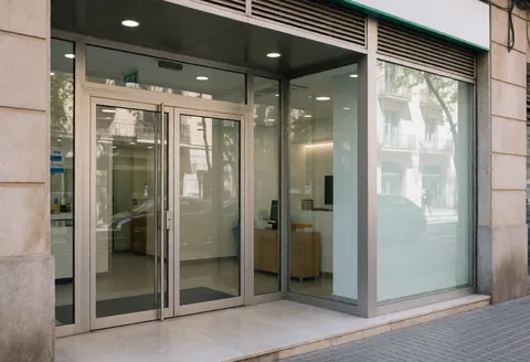 Exterior view of a modern dental clinic featuring glass doors, stone walls, polished floors, and natural lighting.