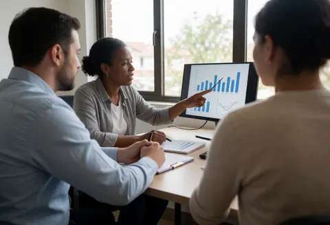 Financial advisor points to screen charts while two clients listen attentively in a bright office.