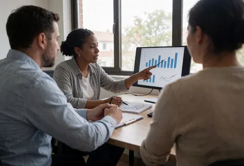 A financial advisor points to charts on a computer while two clients listen attentively in an office.