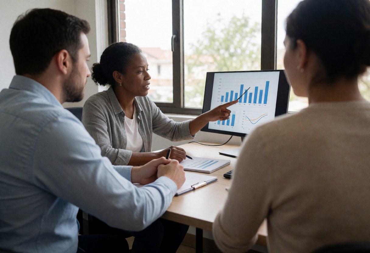 Financial advisor points to screen charts while two clients listen attentively in a bright office.