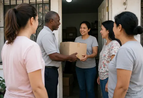 A delivery person hands a box to a woman at her open door while others watch with smiles in natural daylight