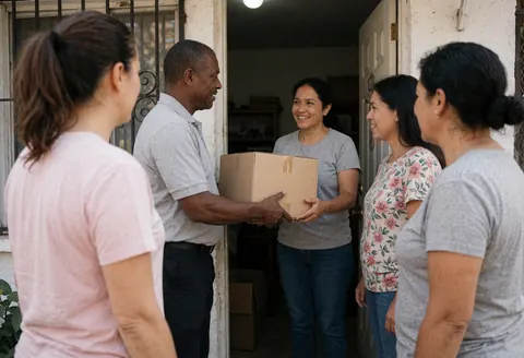 A man hands a cardboard box to a woman at a house door, while other women watch.