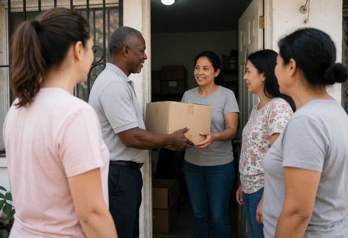 A delivery person hands a box to a woman at her open door while others watch with smiles in natural daylight