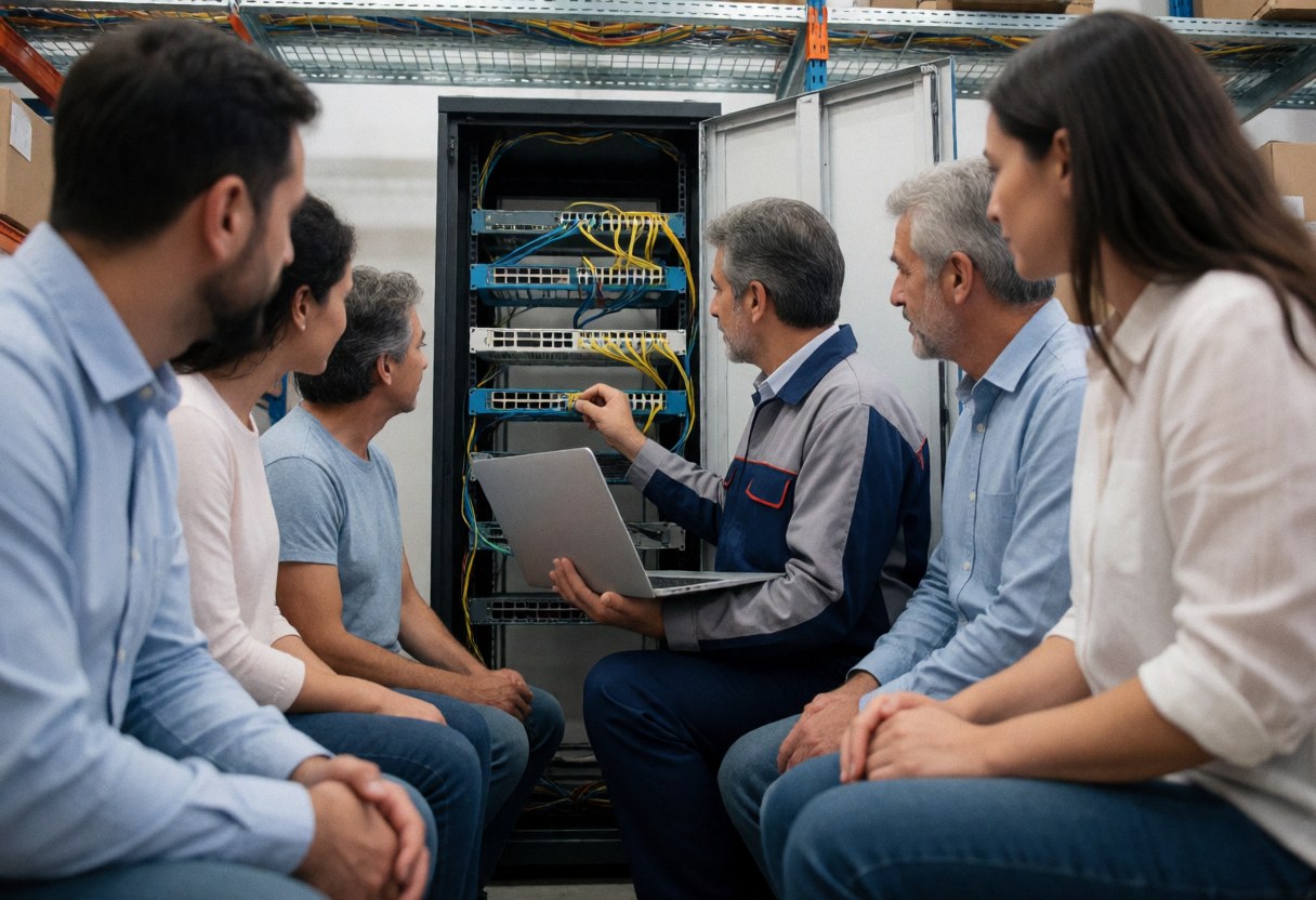 IT technician installing a network switch in a server rack with visible cabling and equipment