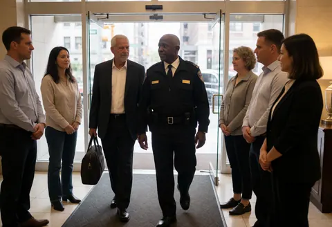 A security guard walks alongside a business executive carrying a suitcase through a hotel lobby while other people watch them pass by.