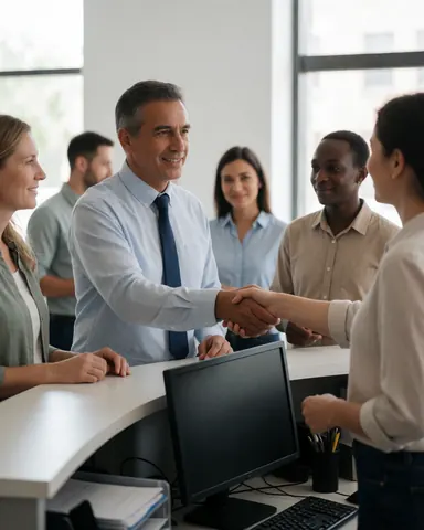 Smiling customer shaking hands with receptionist in modern office while colleagues watch with smiles
