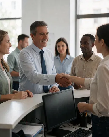 A customer and an employee shake hands at a modern office reception with a computer and other employees in the background.