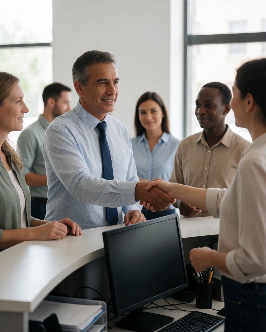 Smiling customer shaking hands with receptionist in modern office while colleagues watch with smiles