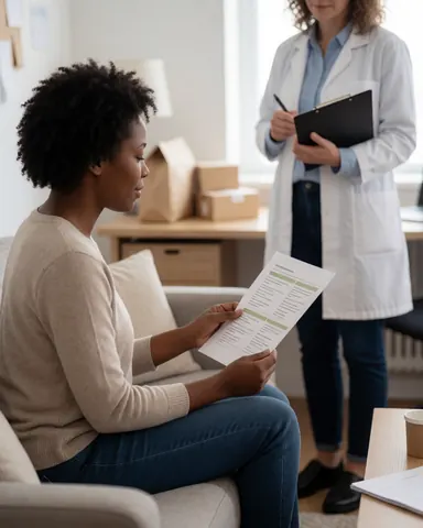 A satisfied female client reviews a nutritional guide while seated on a sofa, with a nutritionist standing nearby holding a portfolio in a bright professional setting.