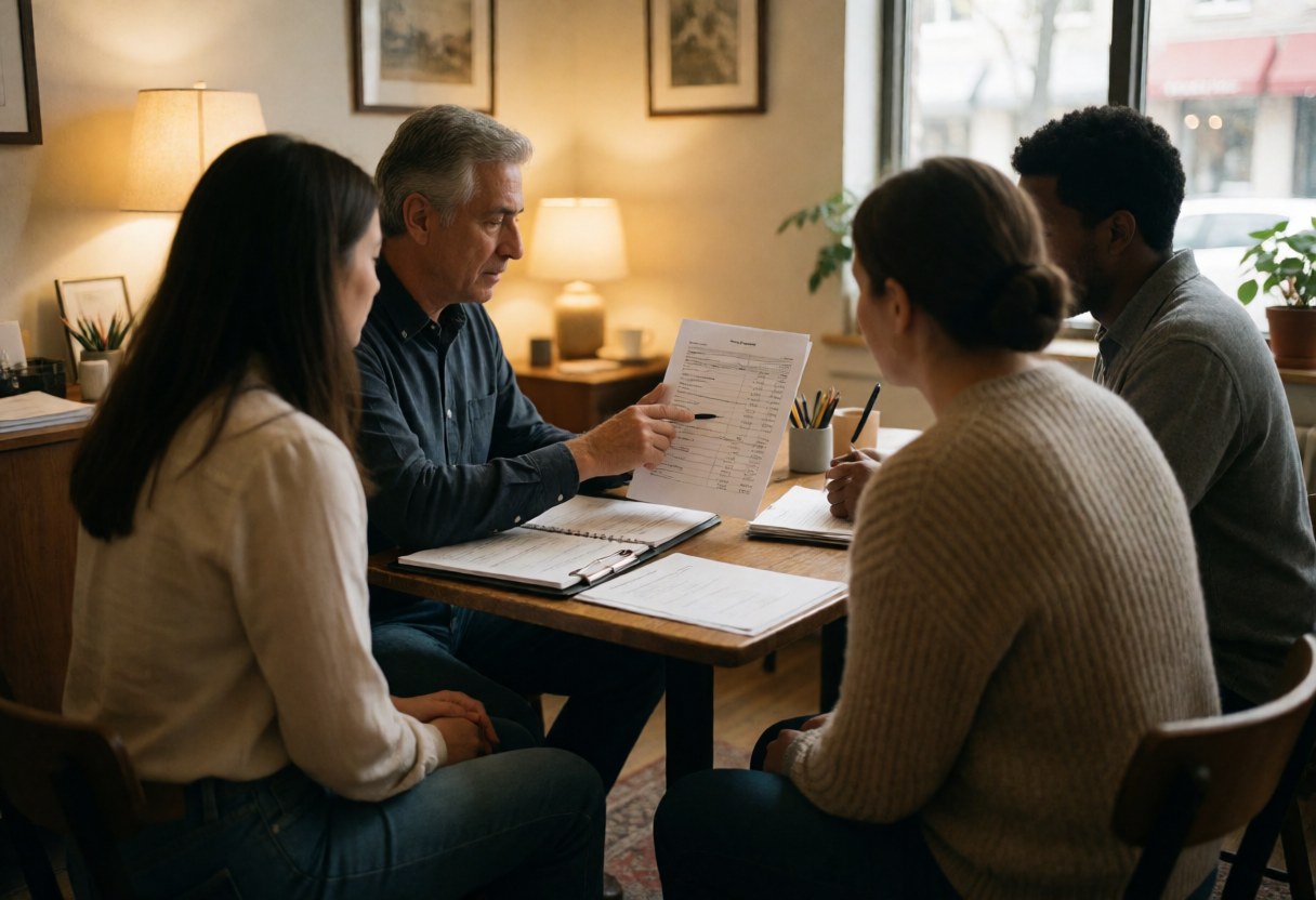 A financial advisor shows documents to two clients seated at a wooden table in a warm office with lamp light and plants