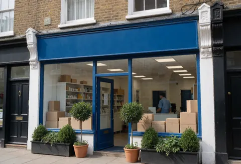 Exterior view of a veterinary clinic featuring a blue door, window, and potted plants. Interior shelves and boxes are visible inside.