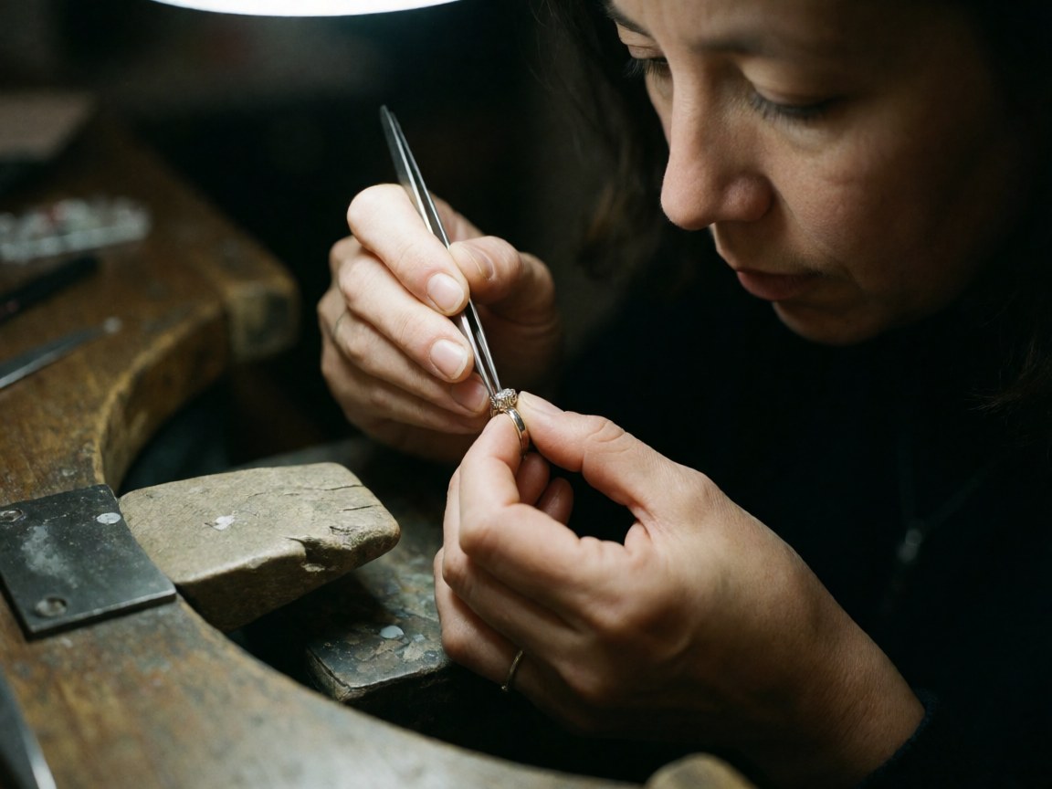 Close-up of hands using pliers to work on a ring in a workshop with focused lighting and a dark blurred background