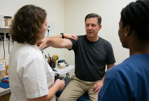 A physical therapist assists a patient with shoulder exercises in a professional clinic setting with medical tools visible.