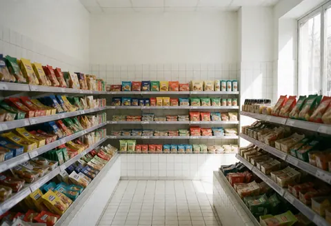 Clean minimarket aisle with shelves full of colorful packaged goods, white walls, tiled floor, and natural light.