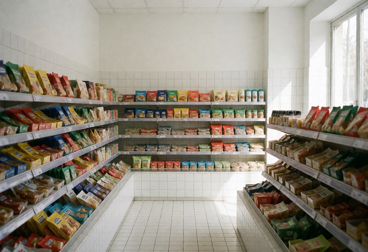 Clean minimarket aisle with shelves full of colorful packaged goods, white walls, tiled floor, and natural light.