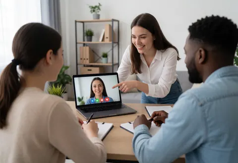 A young woman points to her computer screen while two colleagues take notes during a modern office video conference.