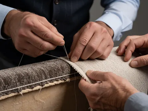 Adult hands using needle and thread to stitch sofa upholstery fabric, highlighting texture and precision in furniture making.