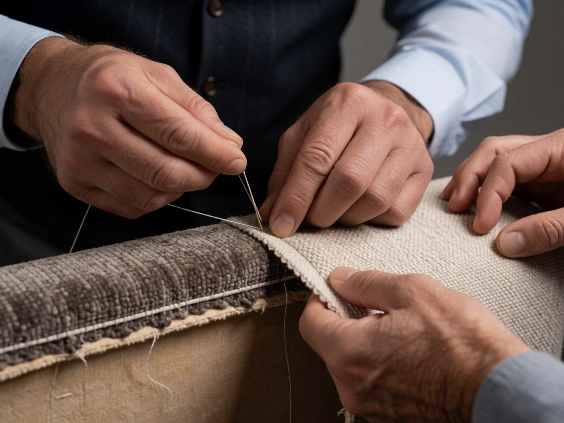 Adult hands using needle and thread to stitch sofa upholstery fabric, highlighting texture and precision in furniture making.
