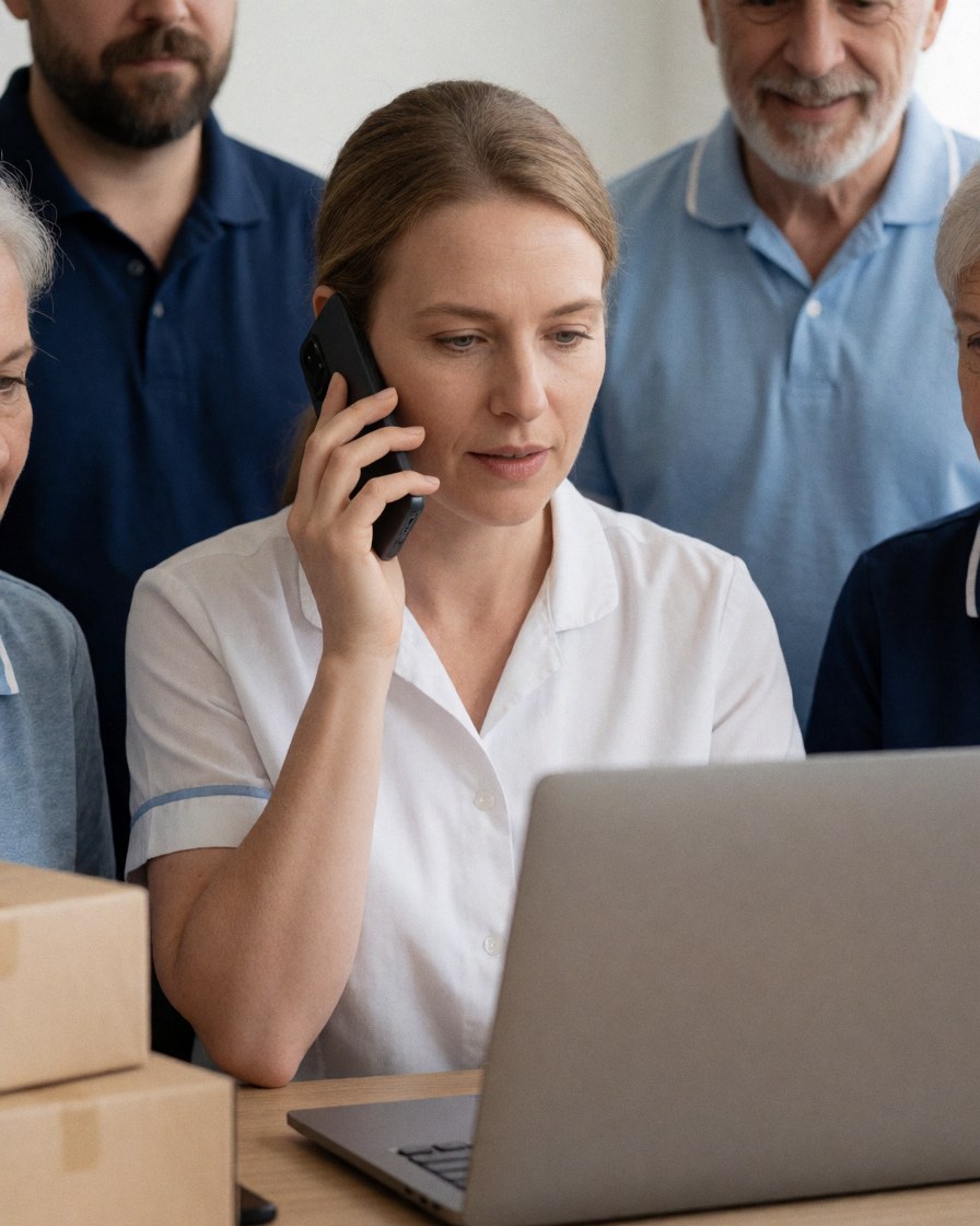 A woman answers a phone call while looking at a computer screen, surrounded by people in a psychology office.