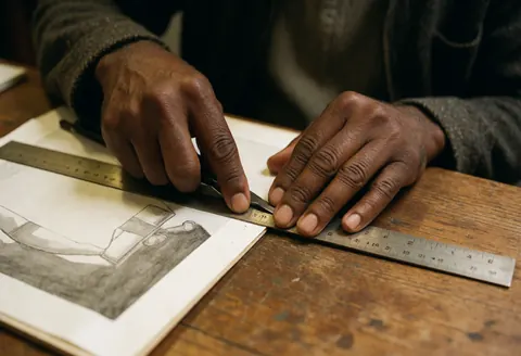 Adult hands using a ruler and paper cutter on a wooden table to ensure precision in manual work