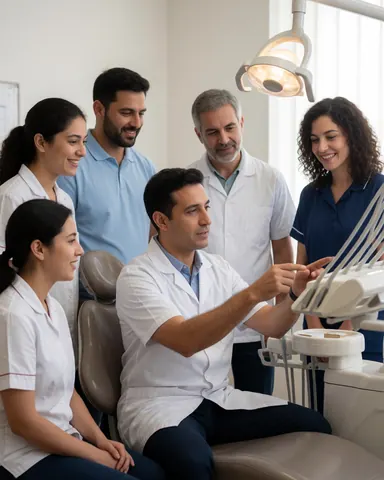 A dentist instructs a clinical team in a clean, professional dental office setting during a training session.