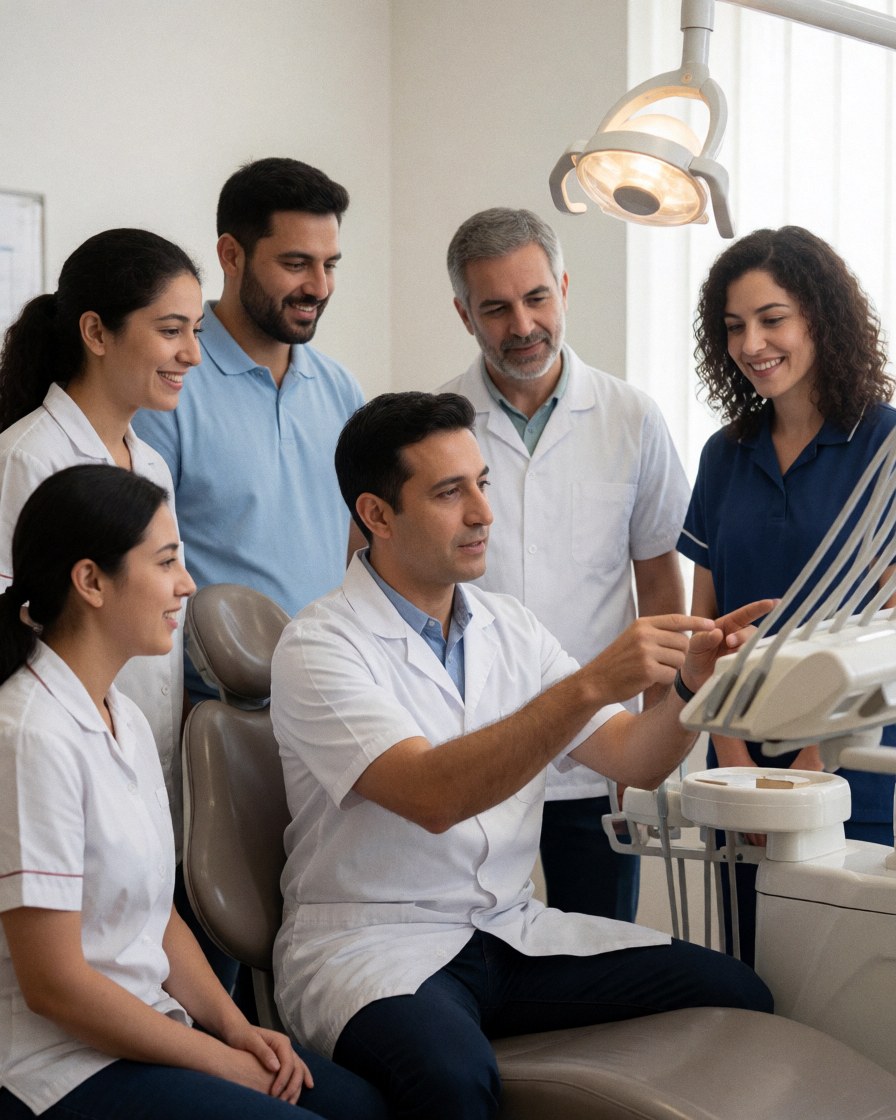 A dentist instructs a clinical team in a clean, professional dental office setting during a training session.