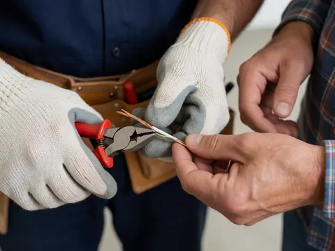 Close-up of gloved hands using pliers to cut an electrical cable, with a tool belt visible in the background.