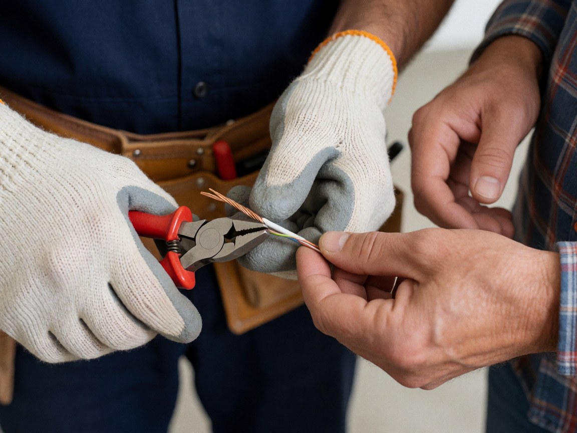 Close-up of gloved hands using pliers to cut an electrical cable, with a tool belt visible in the background.