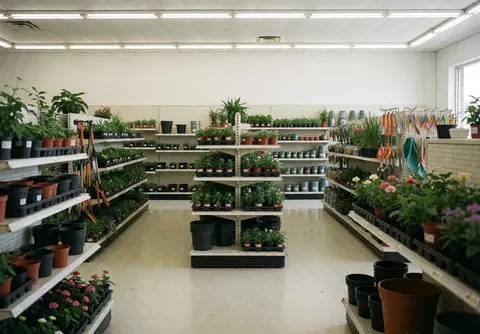 Interior of a garden shop featuring shelves stocked with potted plants, gardening tools, and a clean shiny floor.