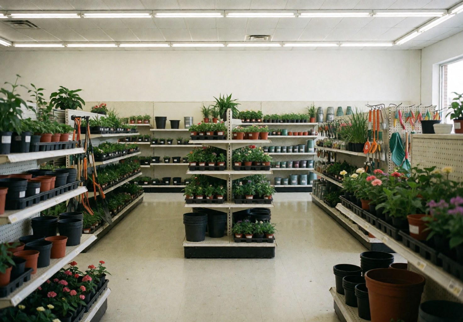 Interior of a garden shop featuring shelves stocked with potted plants, gardening tools, and a clean shiny floor.