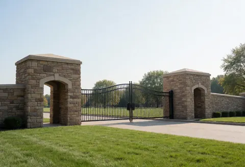 Main university entrance featuring a metal door, stone columns, and green lawn under a clear sky