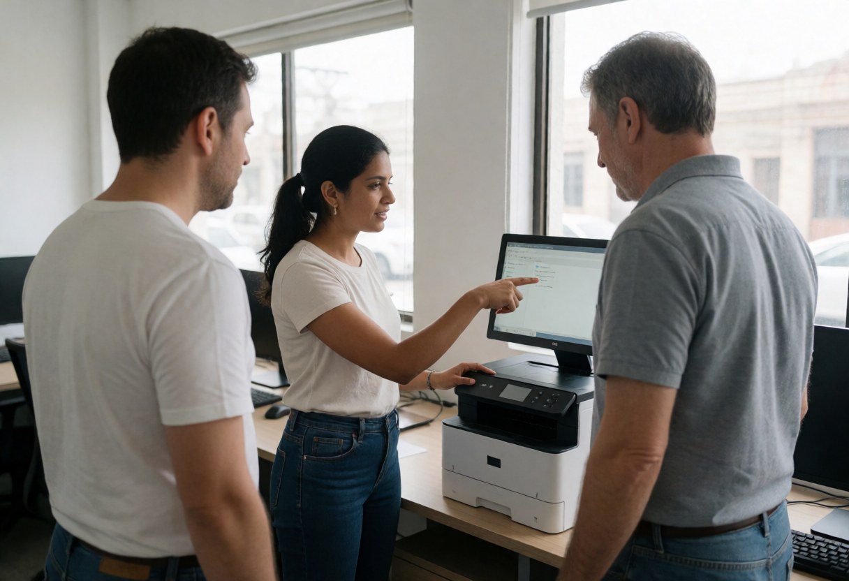 A woman assists a man with a multifunction printer in a bright coworking office with desks and computers.