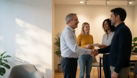 Two men shaking hands in a modern office while two others watch, featuring natural light and contemporary furniture.