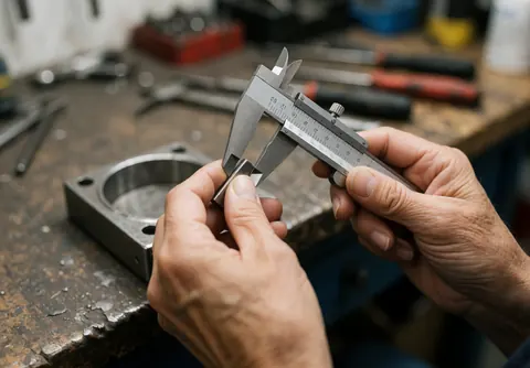 Close-up of a hand using calipers to measure a metal component in a workshop with tools and a workbench in the background